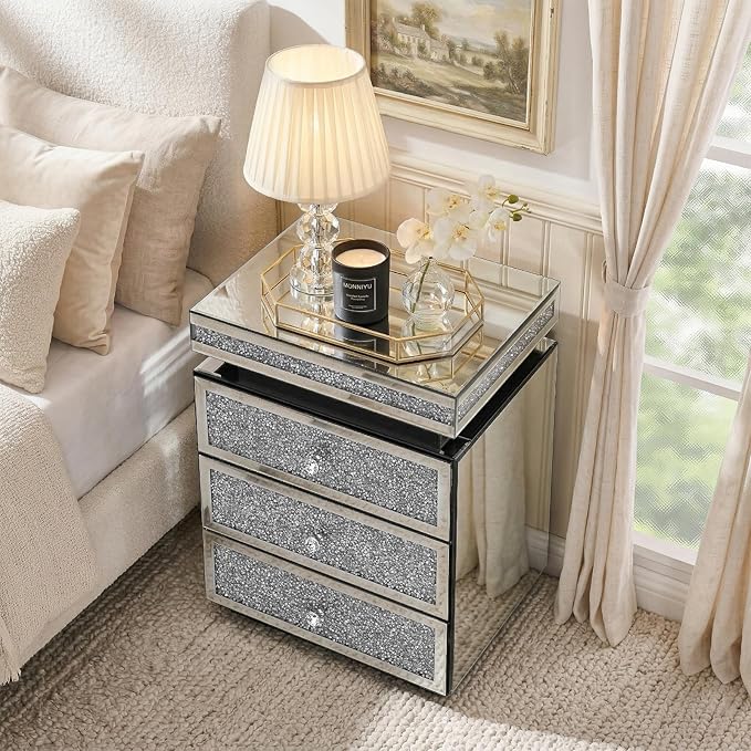 Modern Glam Glass Mirror Nightstand, 3-Drawer Luxury Mirrored Accent Table