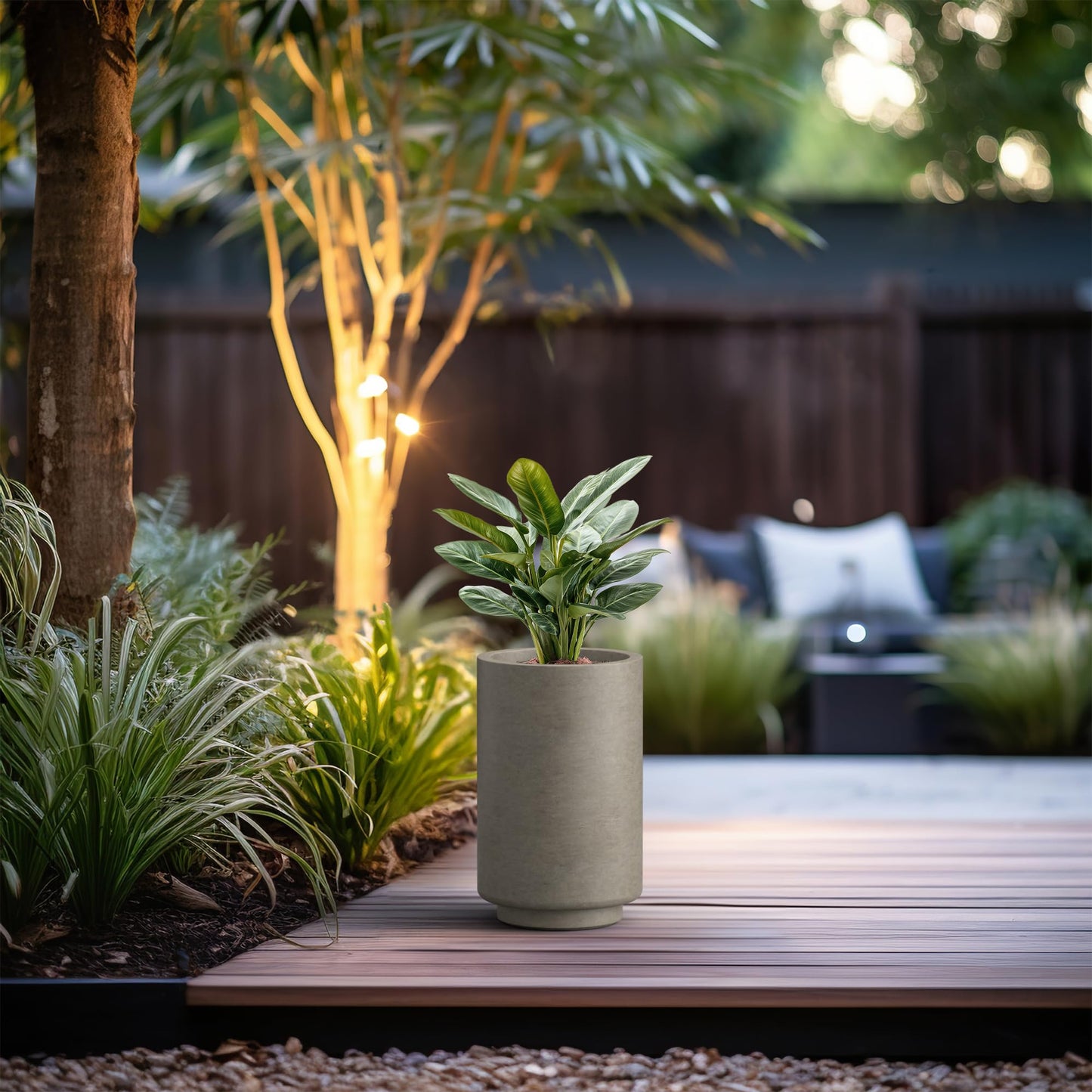Kante 15.7 Inch Tall Concrete Planter, Round Pedestal Design Garden Pot for Indoor Outdoor Plants, Modern Garden Pot with Drainage Hole, Weathered Concrete Finish with Painted Interior