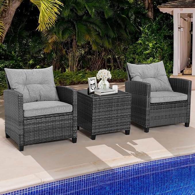 HAPPYGRILL 3 Pieces Patio Conversation Set, Outdoor Furniture Set PE Rattan