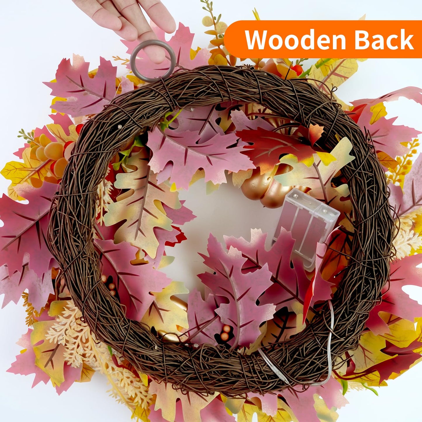 Fall Wreaths for Front Door,Sunflower Autumn Wreath with Lights,Pumpkins and Bows,for Thanksgiving Halloween Farmhouse Indoor Outdoor Outside (Golden Pumpkin)