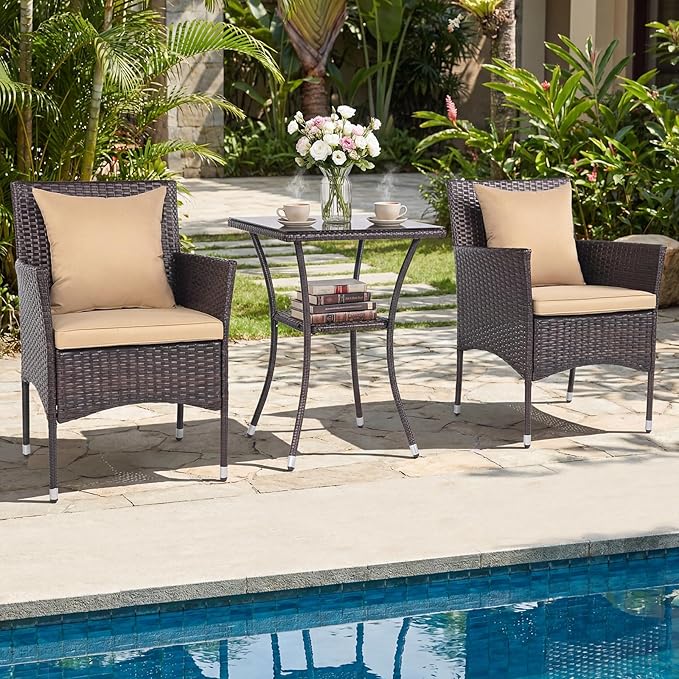 Tangkula 3 Pieces Patio Wicker Bistro Set, 2 Rattan Chairs w/ 2-Tier Tempered