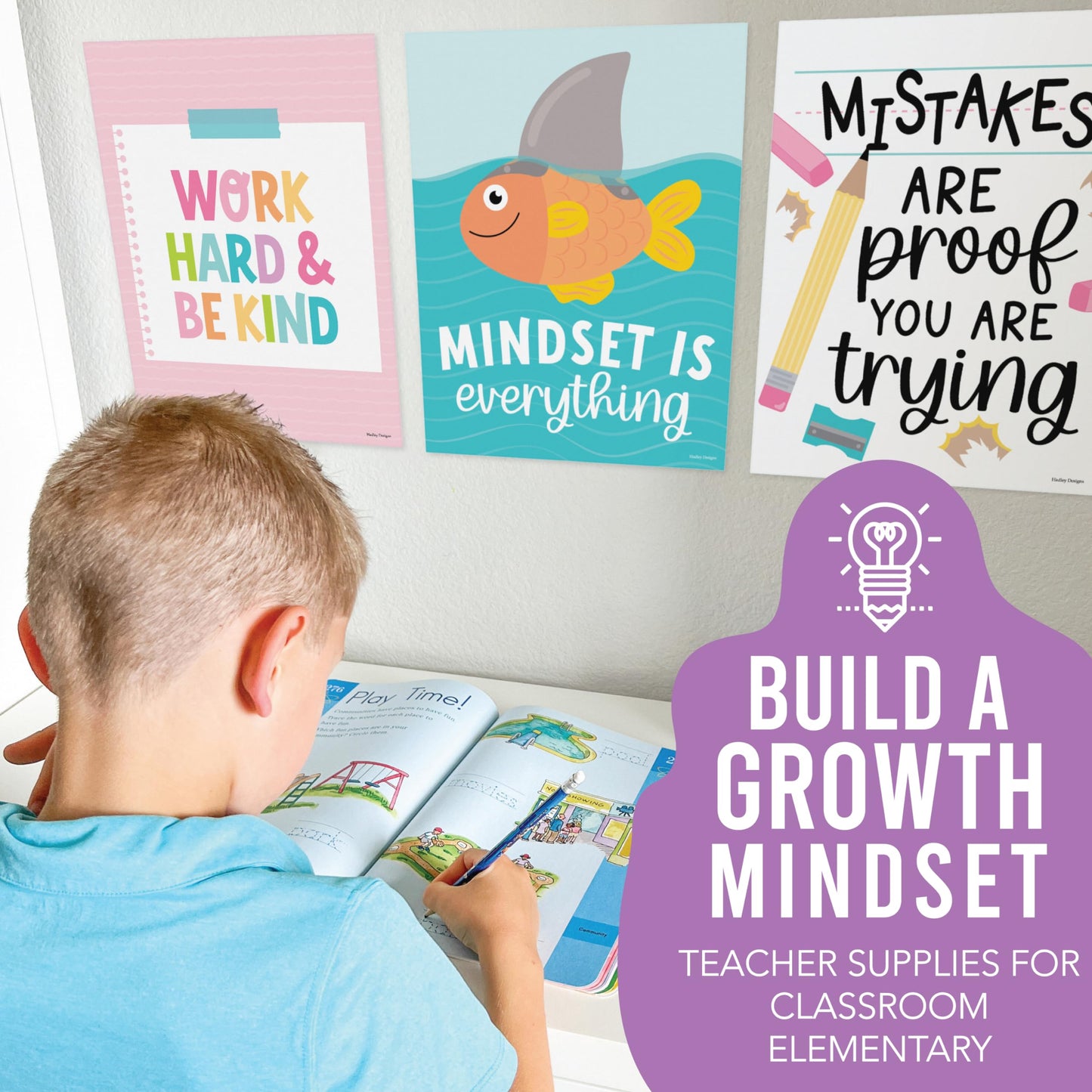 Hadley Designs Motivational Poster for Classroom Decor - 9 Growth Mindset Classroom Posters Elementary, Inspirational Wall Decor Middle School, Teacher Must Haves, Pastel Bulletin Board Decorations