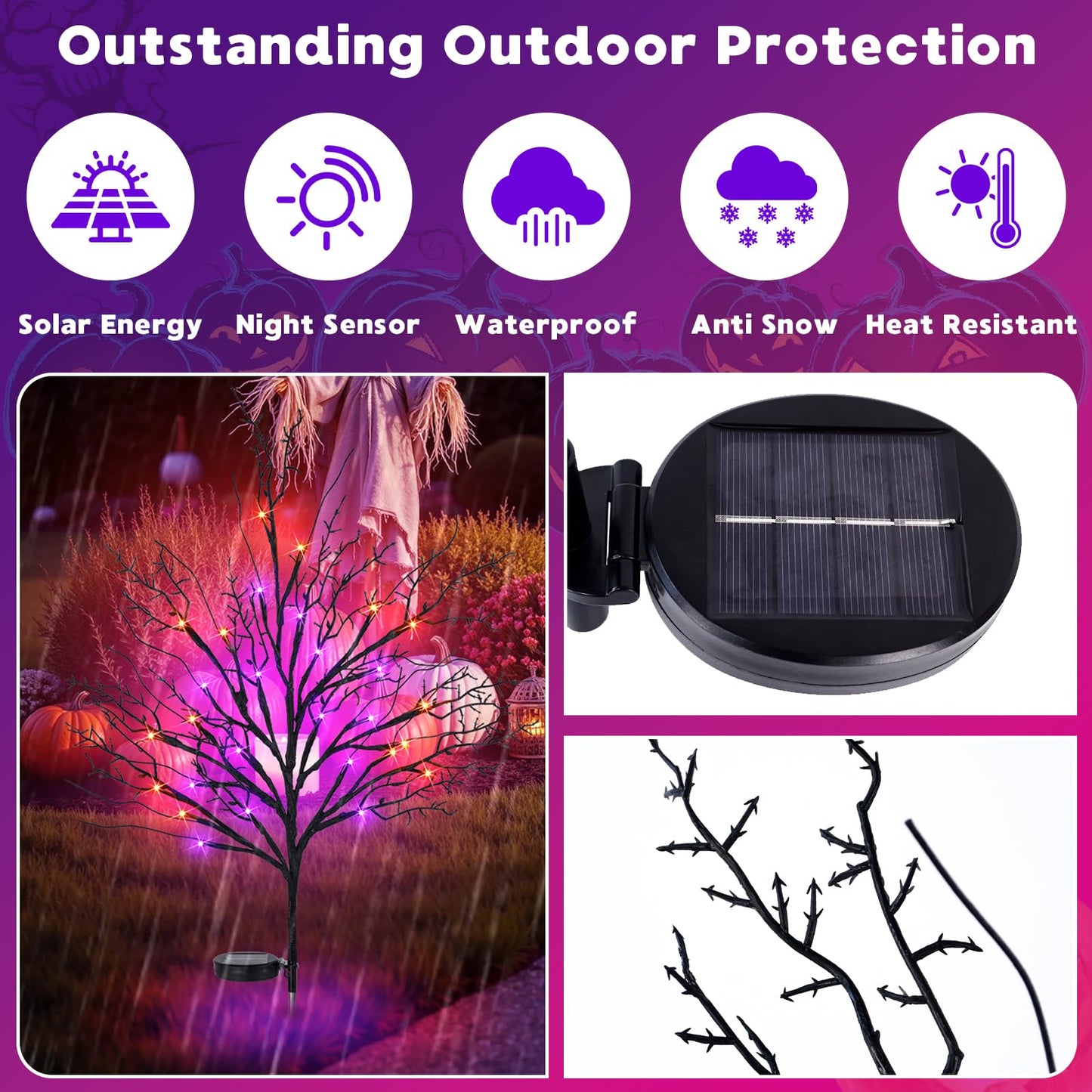 Luiywan Halloween Solar Pathway Lights 2PCS, Halloween Outdoor Decorations, Artificial Tree Waterproof LED Lights for Lawn Yard Garden Driveway Porch Walkway, Auto On/Off