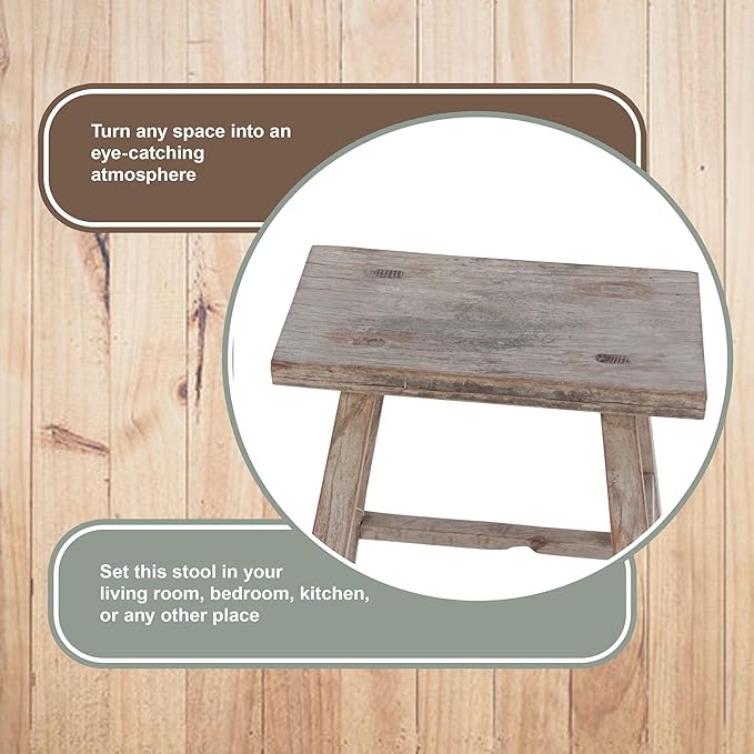Artissance Vintage Wooden Stool, Solid Natural Wood 12–20" W x 6–9" D x 18–22" H