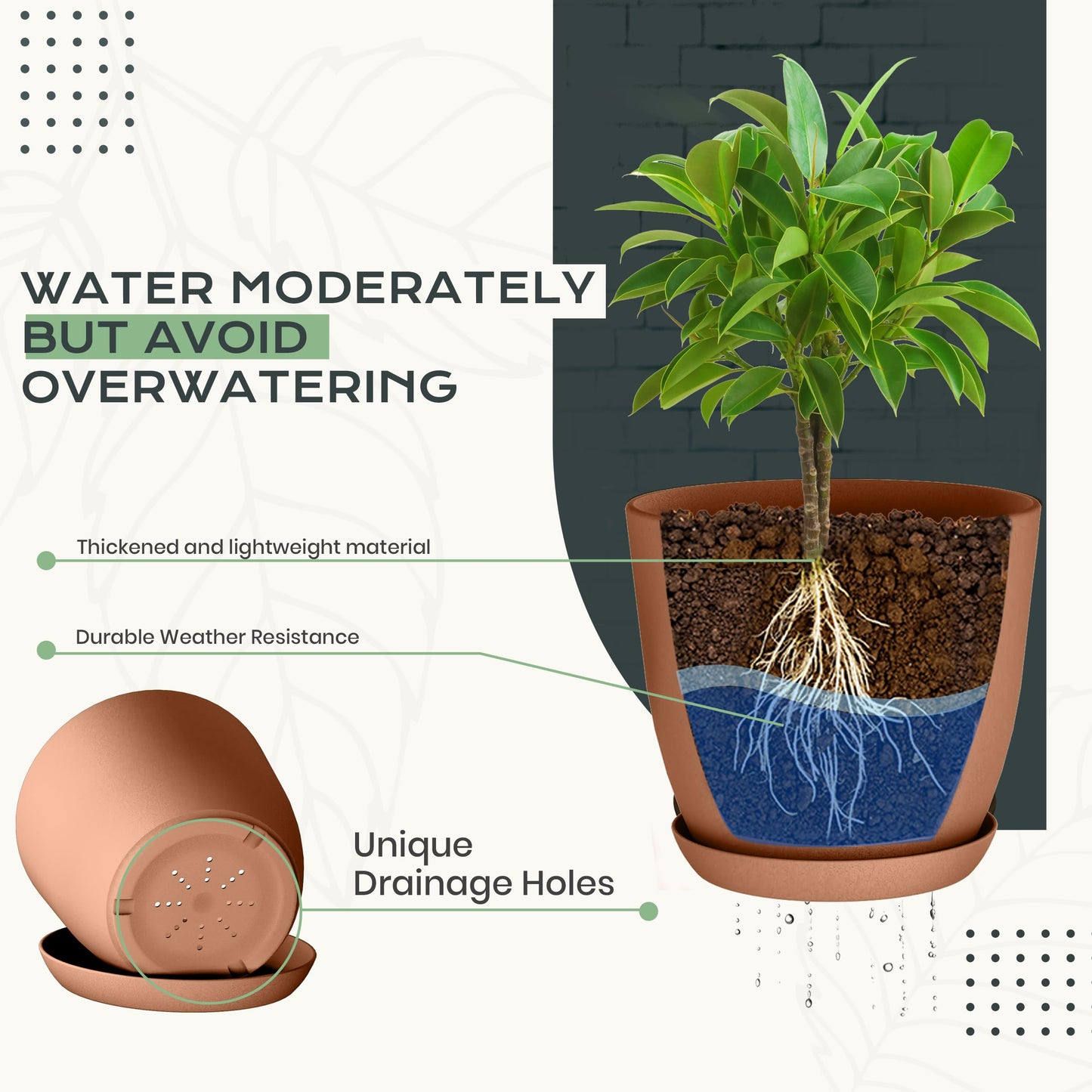 Utopia Home - Plant Pots Indoor with Drainage - 7/6.6/6/5.3/4.8 Inches Home Decor Flower Pots - Plastic Planters for Indoor Plants, Cactus, Succulents Pot (Terracotta, Pack of 10)