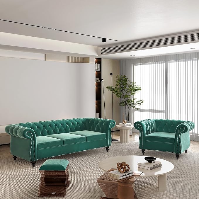 2 Piece Living Room Set, Velvet Chesterfield Sofa Couch Chair
