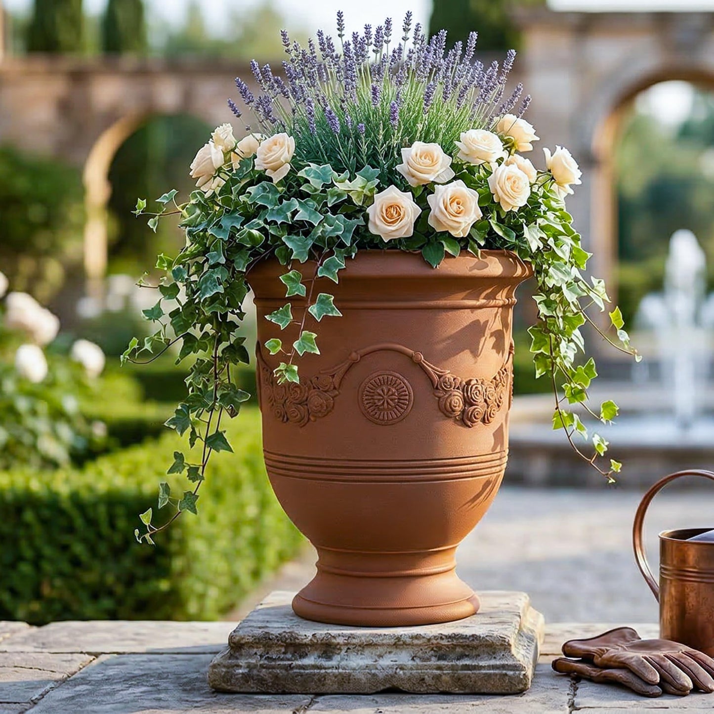 KOL Large Plastic Urn Planter - 16” Dia x 19” H Lightweight Classic Planter Pot with Cement Texture & Drainage Hole, Weather Resistant for Outdoor Plants, Patio, Garden Decor (Rusty)