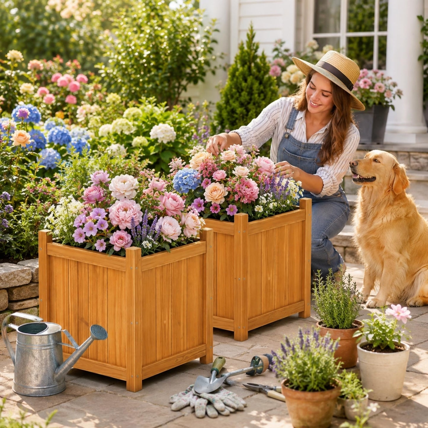 Ultym Set of 2 Wooden Planter Boxes Outdoor, 16.1" Square Fir Wood Flower Planters with Liner, Drainage Holes & Removable Bottom Board, Natural Wood Outdoor Bucket Planter for Patio Porch Yard Garden
