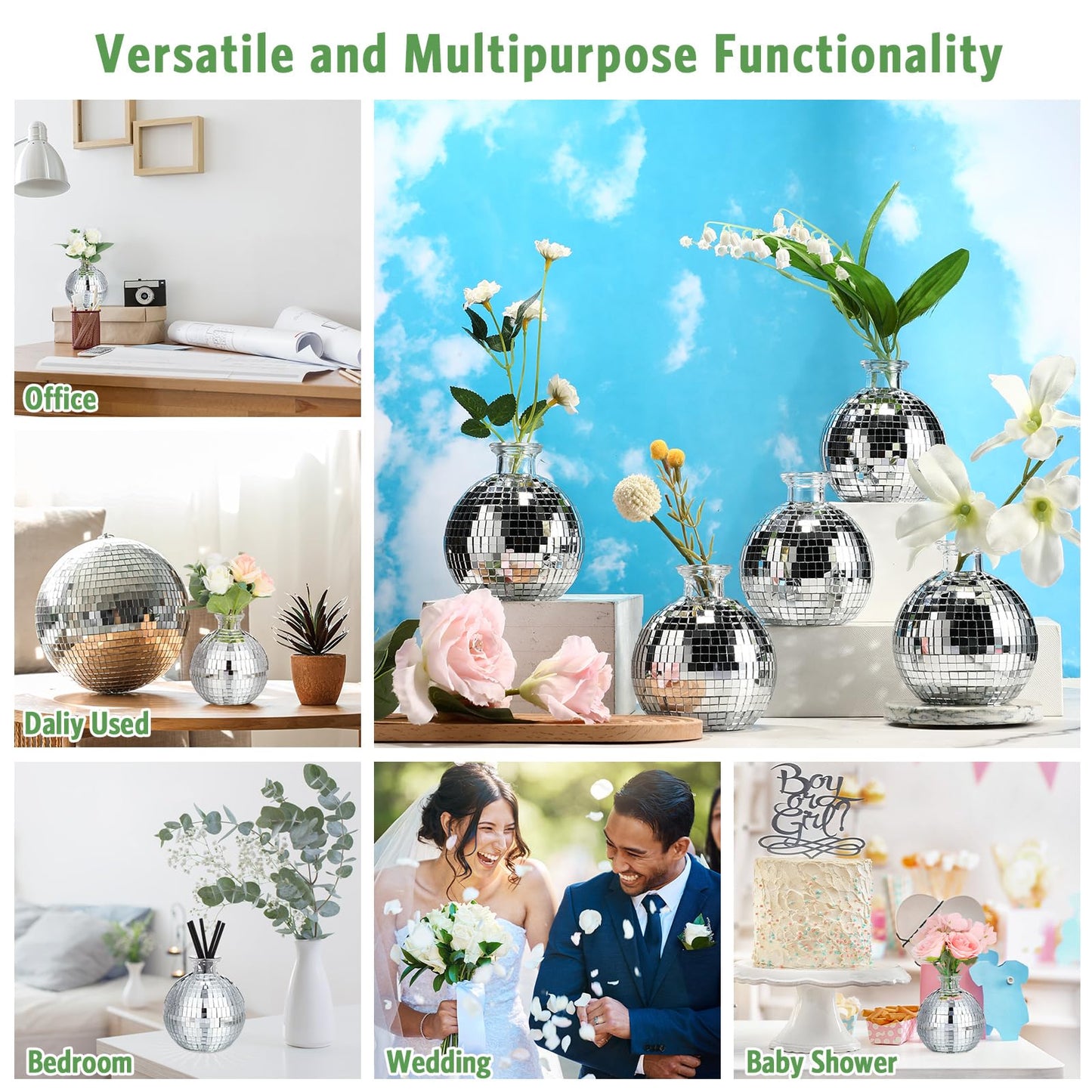 Layhit 12 Pcs Disco Ball Vase for Flower and Plant 4 Inch Small Glass Vase Silver Mirror Mini Disco Ball Planter for Indoor Outdoor Wedding Birthday Home Bedroom Kitchen Office Decoration