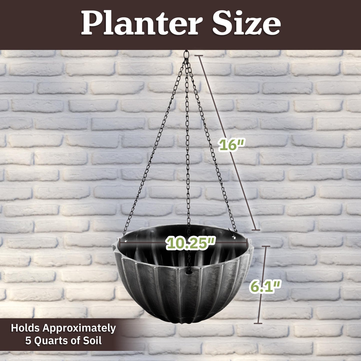 Hanging Planter 2-Pack - 10.25-Inch Durable Plastic Hanging Planters for Indoor Plants or Outdoor Porch Decor with 3 Drainage Holes and Removable Bottom Reservoir by Pure Garden (Gray)