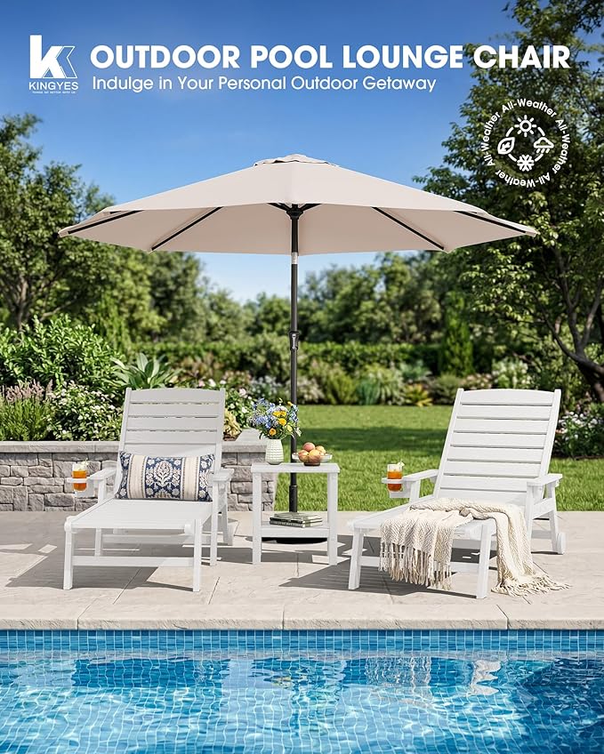 KINGYES HDPE Lounge Chair Outdoor, Patio Chaise Lounge Recliner