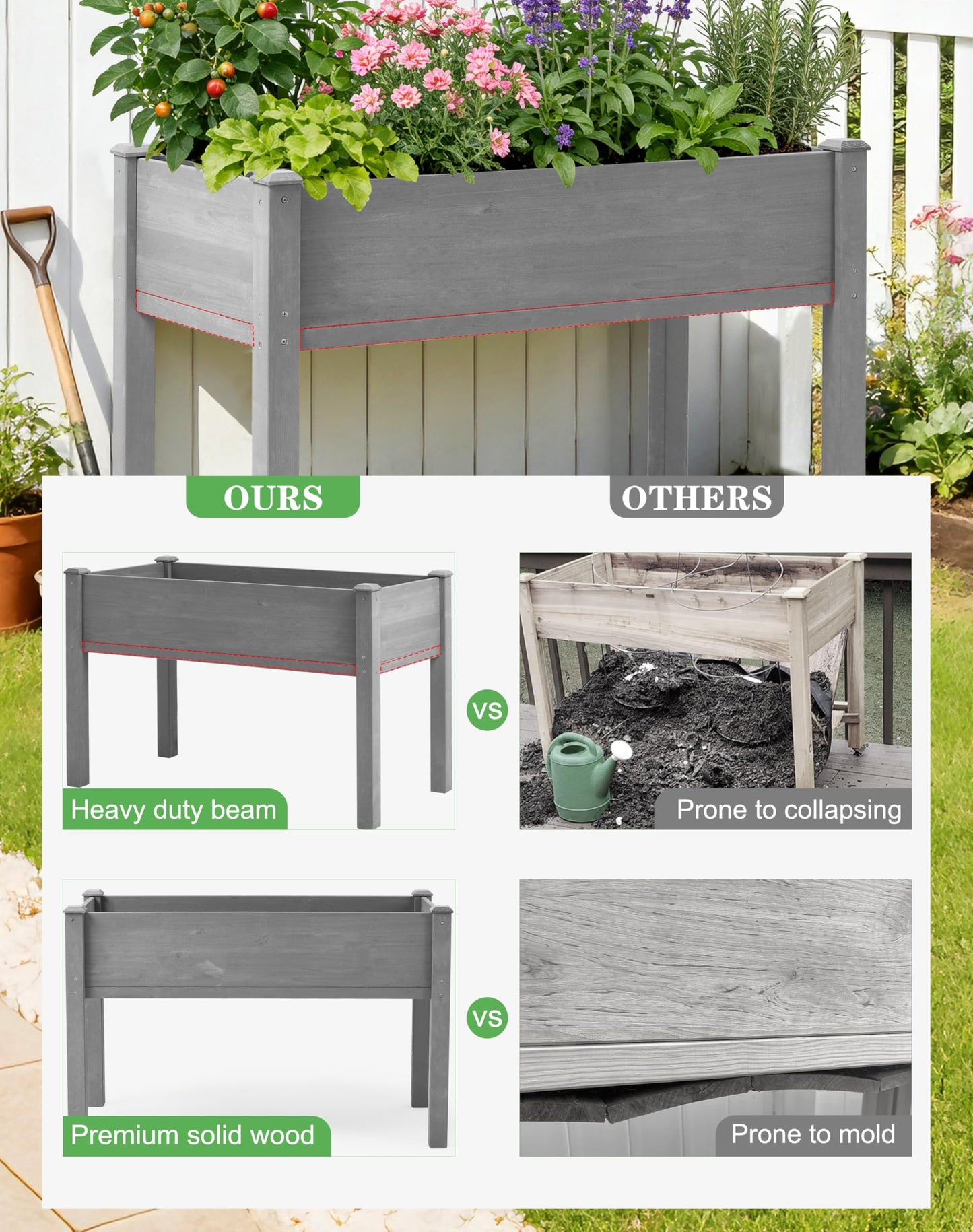 48×24×30 Inch Raised Garden Bed with Legs, Solid Wood Elevated Planter Box Stand with Liner for Outdoor Patio, Backyard & Balcony