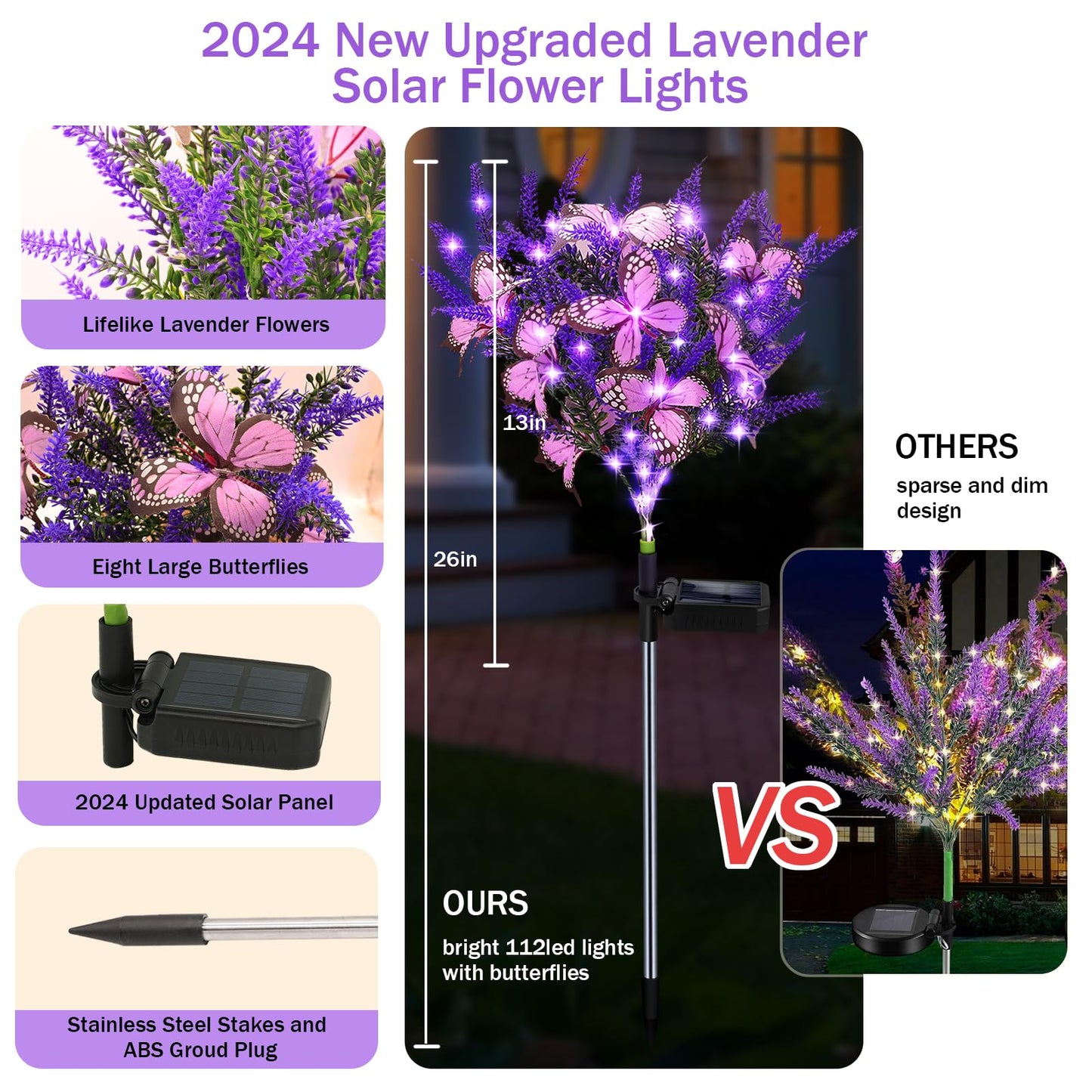 Kohlrabi Solar Garden Lights Outdoor, 6 Pack Purple Lavender Solar Butterfly Lights Gardening Gifts for Women,Artificial Flowers Light Purple Halloween Garden Decor for Patio Yard Lawn Christmas