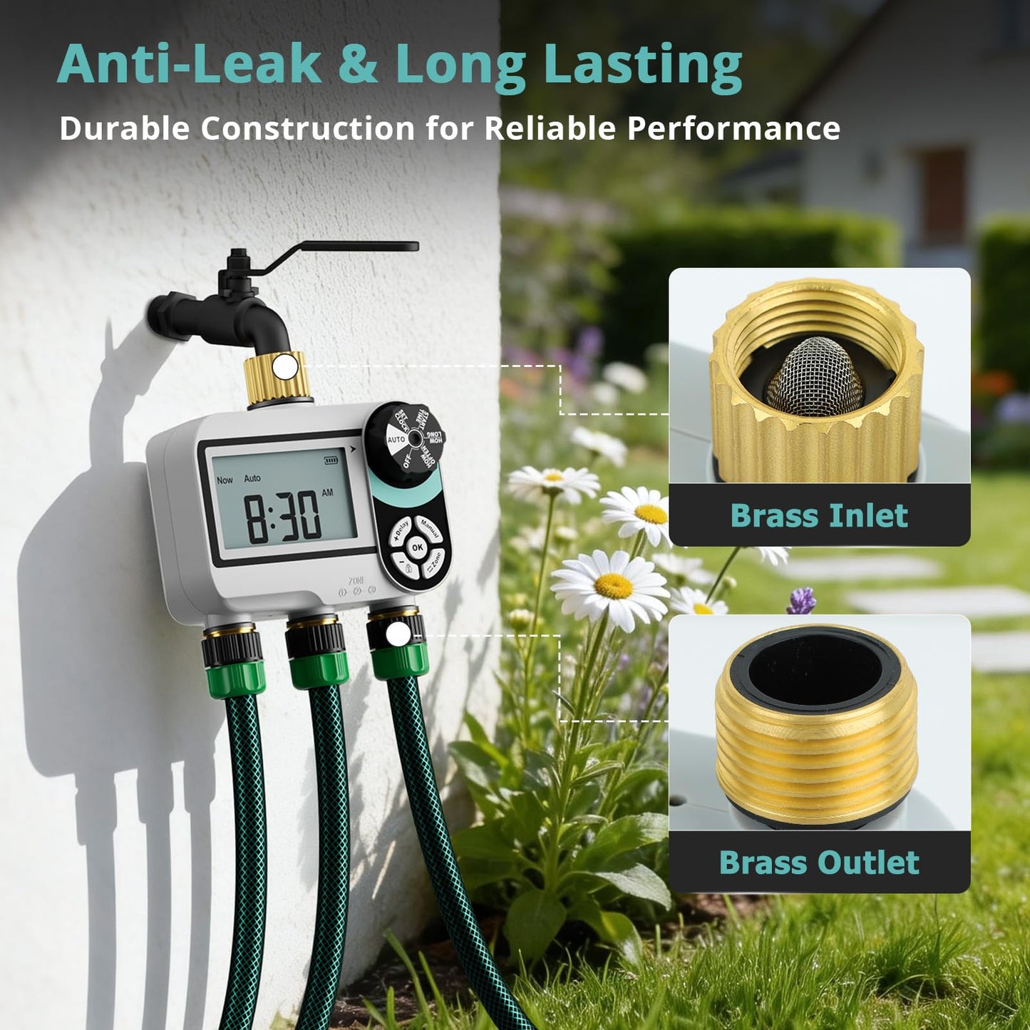 QUOBAS Brass Sprinkler Timer for Garden Hose, Programmable Water Timer for Hose Faucet with Child Lock, Rain Delay/Auto/Manual 3 Modes, Large Waterproof Screen, 3 Zone Independent Watering