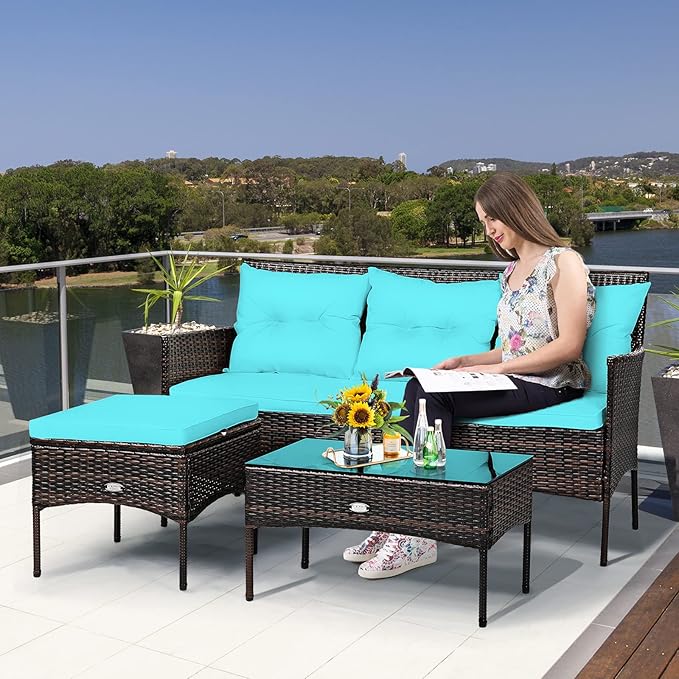 Tangkula 3 Pieces Patio Conversation Set, Outdoor PE Rattan Wicker Furniture