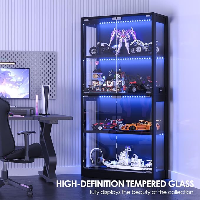 Airynee Display Cabinet with Glass Doors, 4-Tier Curio Cabinet with 7 Vibrant 3