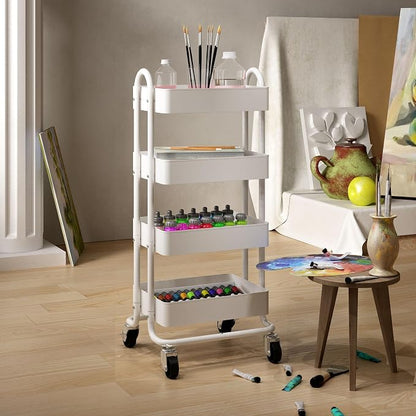 4 Tier Metal Rolling Cart with Wheels,4 Tier Utility Cart with Wheels for Office,Home,Kitchen,Garden（13.4"x18.1"x40"） White