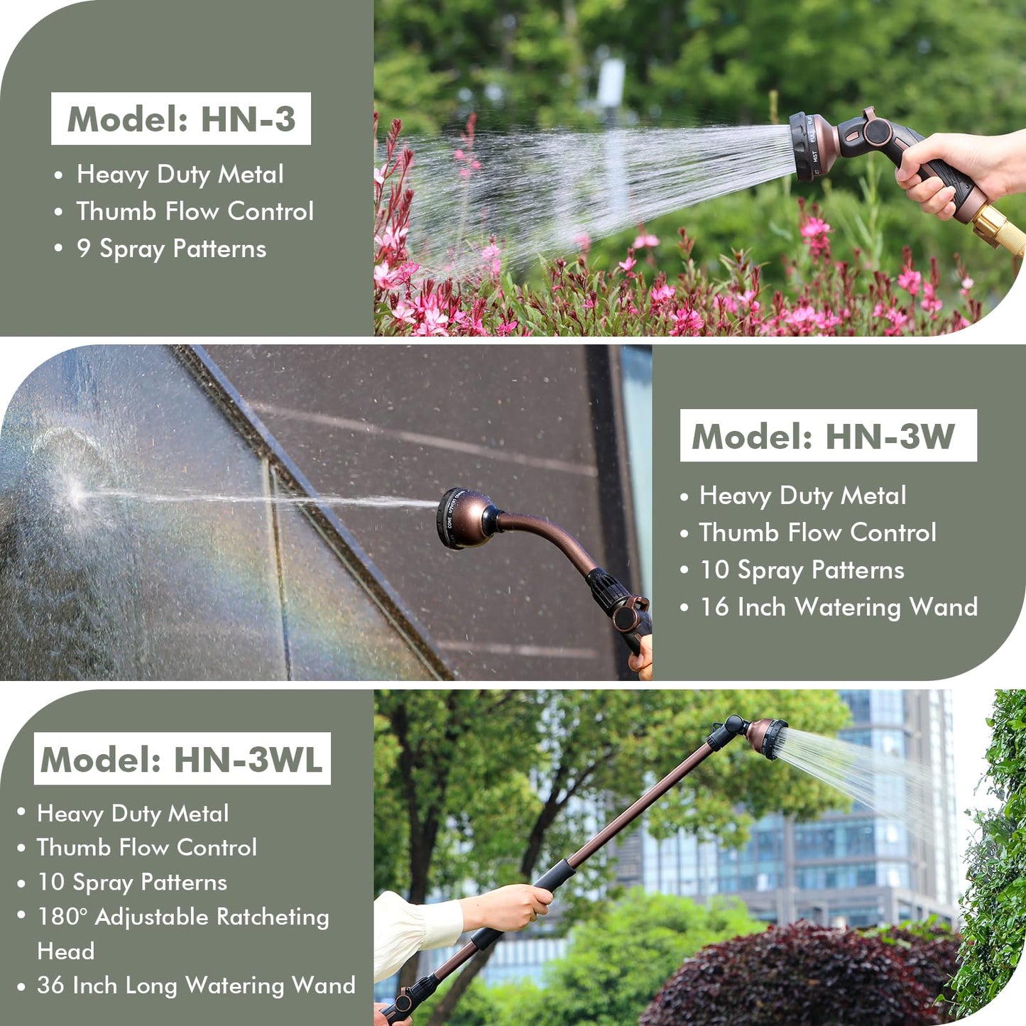 RESTMO Watering Wand, Heavy Duty Metal Garden Hose Wand with Thumb Flow Control, 15-Inch Long Hose Nozzle Sprayer with 10 Spray Patterns, Ideal to Water Hanging Baskets and Shrubs, Oil Rubbed Bronze