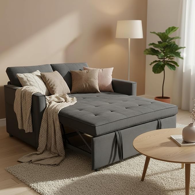 Sofa Bed, Pull Out Couch with Side Pockets, 3 in 1 Velvet Fabric Loveseat