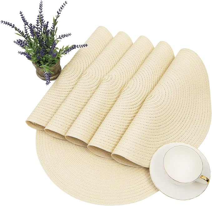SHACOS Round Braided Placemats Set of 6 Round Table Place Mats for Dining Tables 15 inch (Cream, 6)