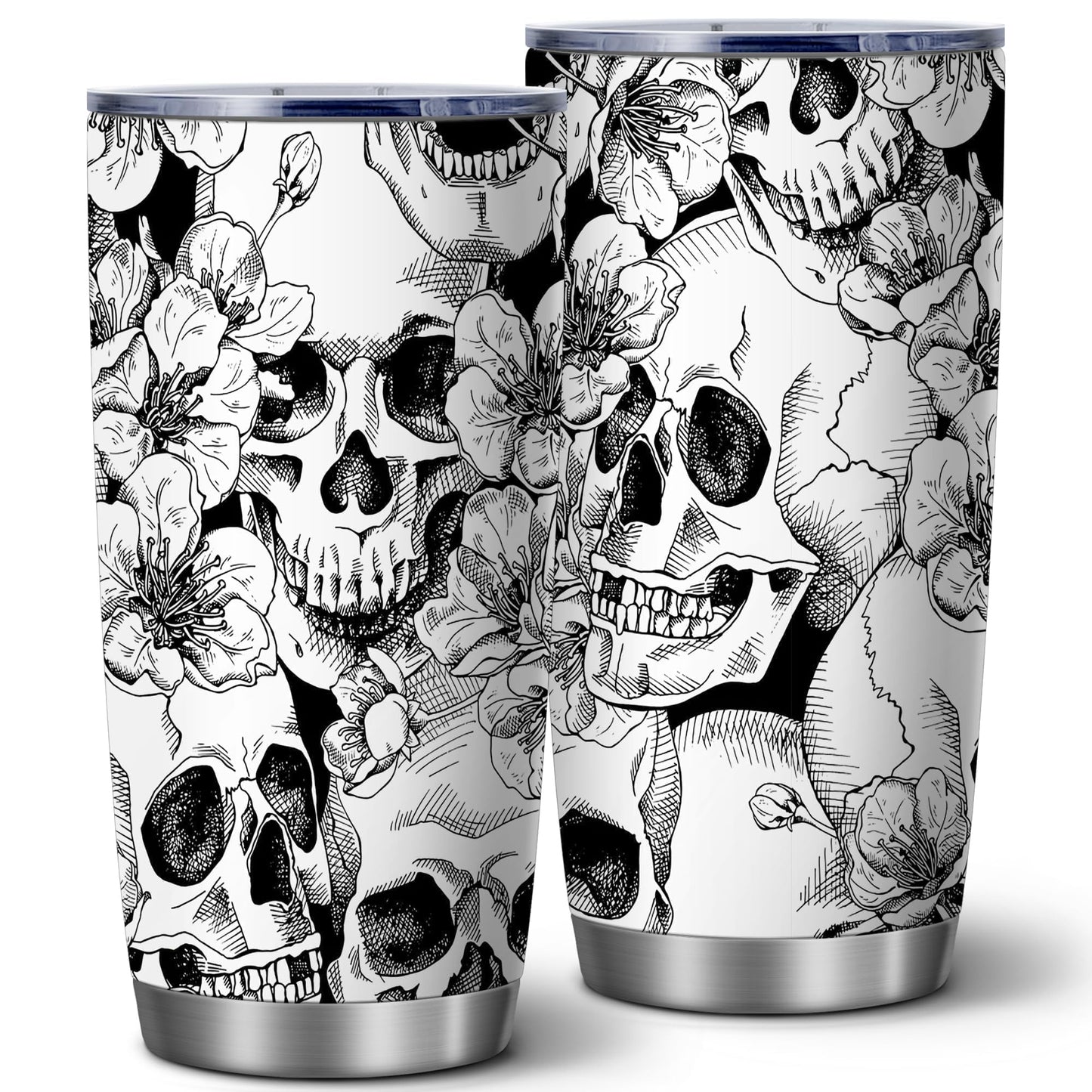 ATHAND Goth Skull Floral Tumblers,20 Oz Halloween Insulated Stainless Steel Iced Coffee Tumbler with Lid,Funny Travel Coffee Mug Cup Water Bottle,Novelty Gift for Trick or Treat Birthday Party,1 Pcs