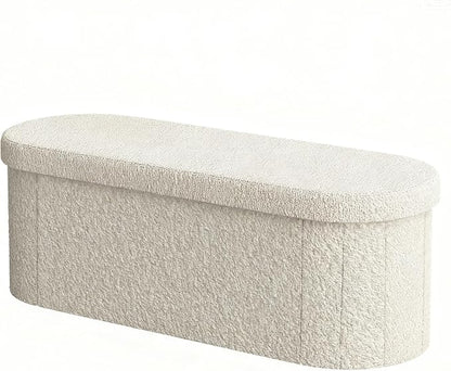GLAXYFUR Oval Storage Ottoman Bench, Sherpa Foot Rest, 43 Inch Folding Chest for Living Room, Bedroom (Beige)