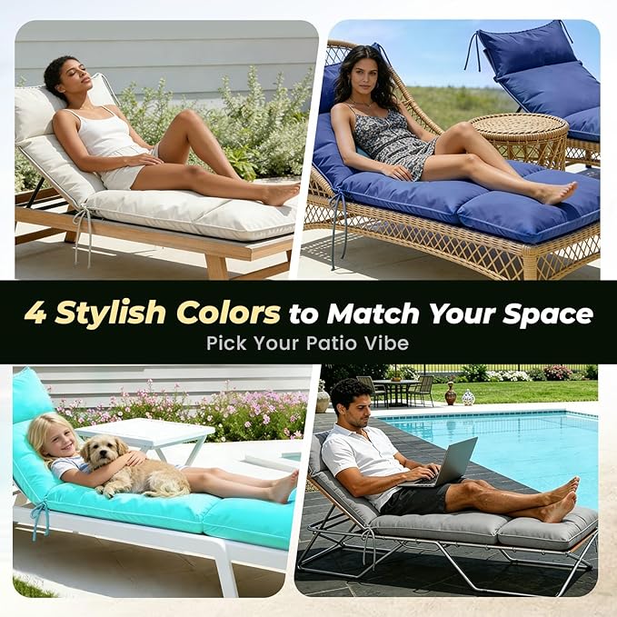 Outdoor Chaise Lounge Chair Cushion, Waterproof Non-Slip Patio Chaise Lounge