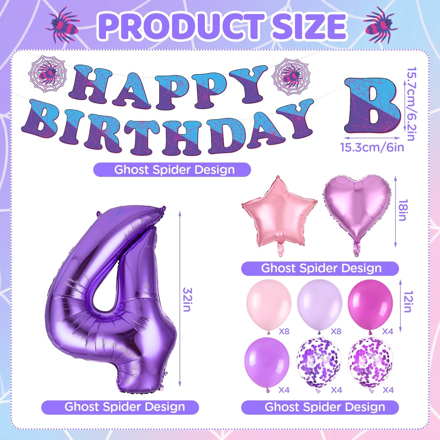 37pcs Ghost Spider 4th Birthday Decorations-Purple Number 4 Balloon,Happy Birthday Banner,Pink/Purple Balloons,Ghost Spider Theme Birthday Decor for 4 Year Old Girl Friends HB Party