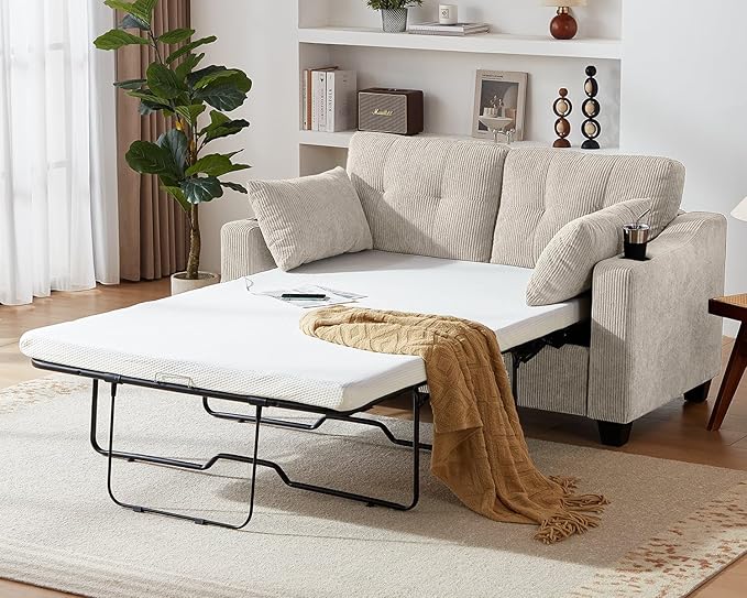 Full Size Pull Out Sleeper Sofa Bed, 2-in-1 Convertible Corduroy Pull Out Couch