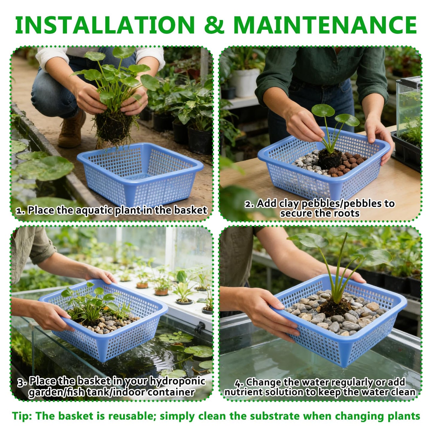 MegoSage 12PCS Aquatic Plant Baskets for Hydroponics Water Garden Plant Pots 10.5 x 10.5 x 3.7 Inch Square Plastic Mesh Basket for Hydroponics Live Aquarium Nursery Grow Botany Flowers