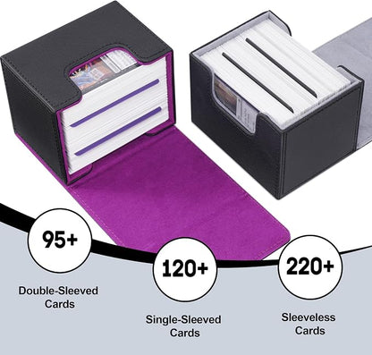 ZLCA Card Deck Box for Trading Cards, MTG Commander Deck Box Holds 120+ Single Sleeved, Leather Magnetic Card Storage Case Fits for TCG CCG Magic(Black Set)