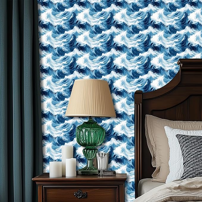 HOMETITUTE Blue Wave Pattern Wallpaper Peel and Stick Self Adhesive Vinyl Wall