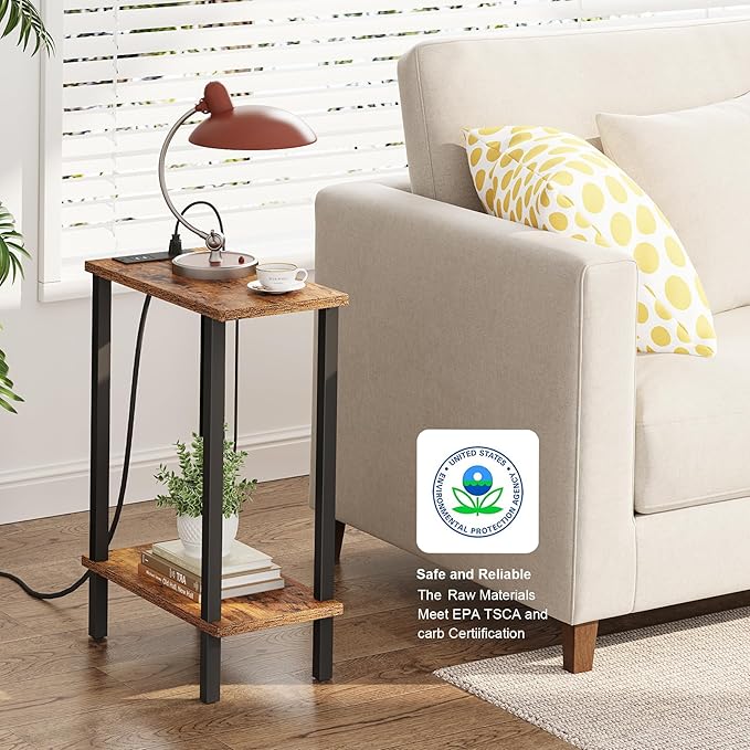 TUTOTAK Small End Table with Charging Station, Narrow Side Table with USB Ports