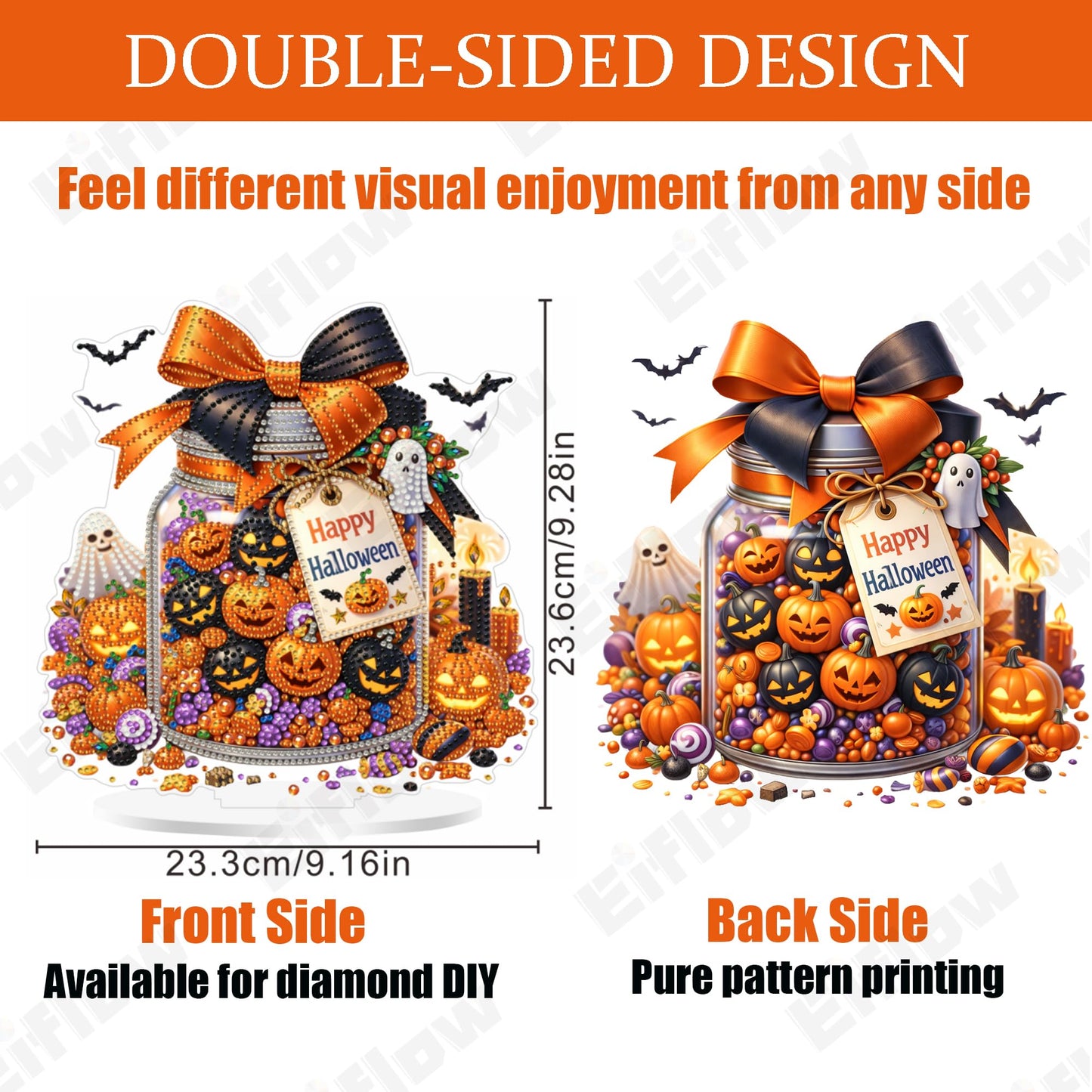 Eiflow Tabletop Diamond Art Kit for Adults Halloween Pumpkins, DIY Desktop Diamond Art Painting with Stand, Acrylic Stand Up Gem Painting Board Kit (Happy Halloween)