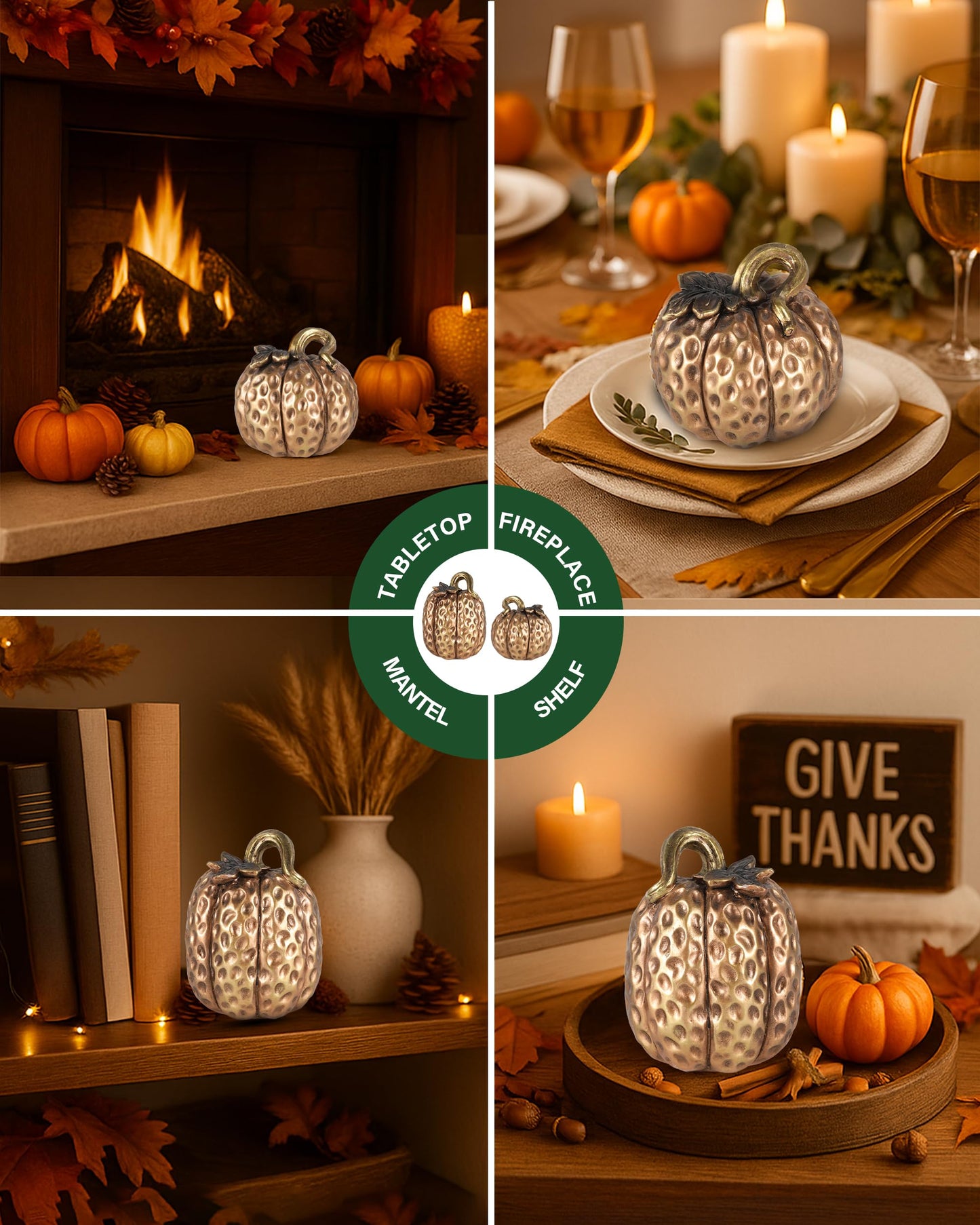 GoGnome Gold Resin Pumpkin Figurines Set of 2 – Textured Fall Harvest Decorations for Table Centerpiece Thanksgiving Décor, Autumn Home Accents (Gold)
