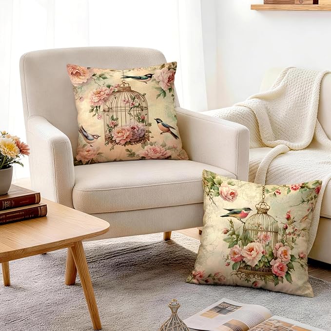 OBSEDE Vintage Throw Pillow Covers Set of 2, 18x18 Inch Pink Rose and Bird Print