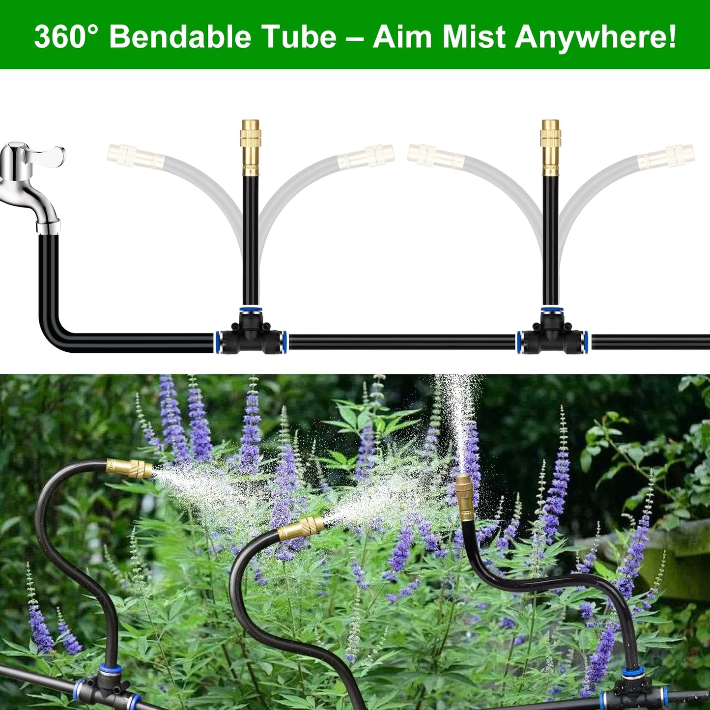 HEKIWAY 80FT Drip Irrigation System for Garden – Automatic Watering Kit with Solid Brass Metal Connectors, 360° Bendable Tubing &22 Adjustable Nozzles for Greenhouse, Lawn, Yard & Plants