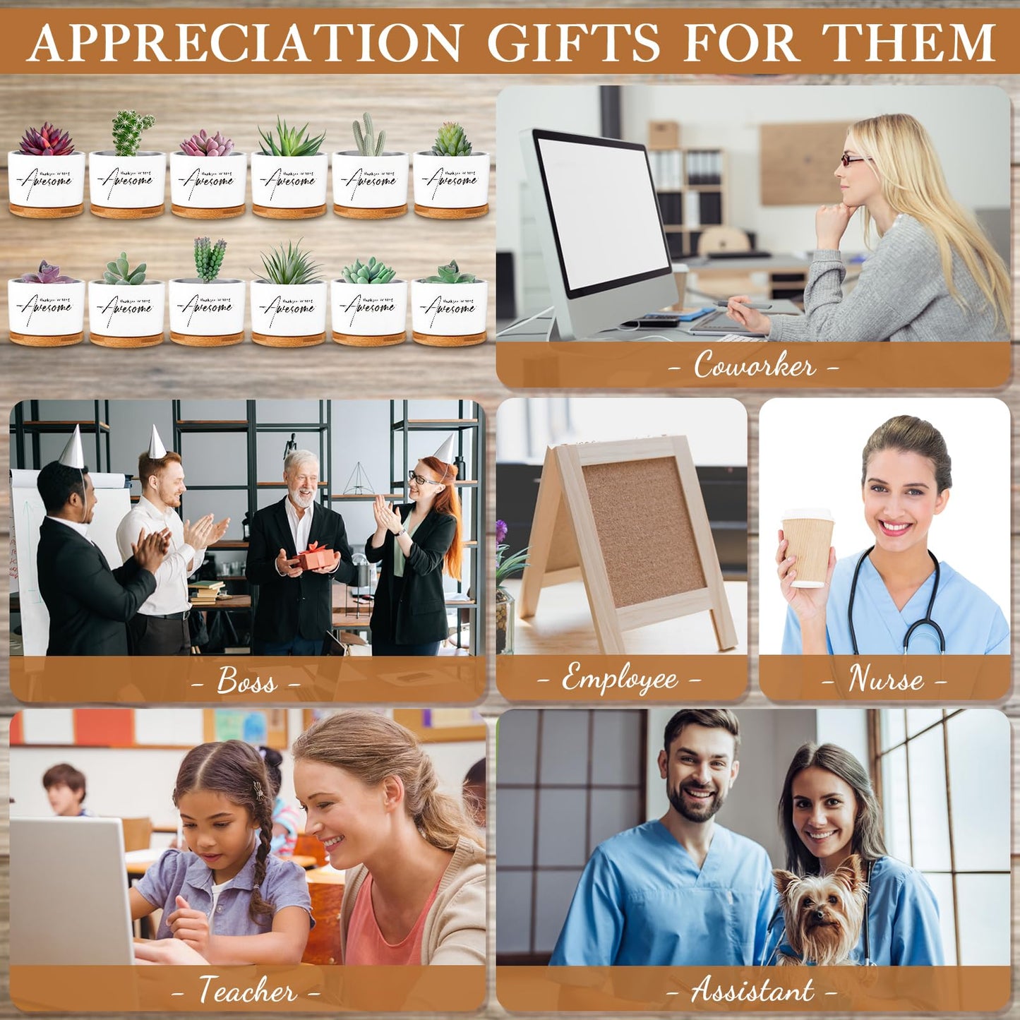 12 Pack Teacher Appreciation Gift Thank You Succulent Ceramic Mini Pots Nurse Week Gift with Bamboo Tray Succulent Planter for Employee Memorial Day Office Team Volunteer Desk Decor, Plants Excluded