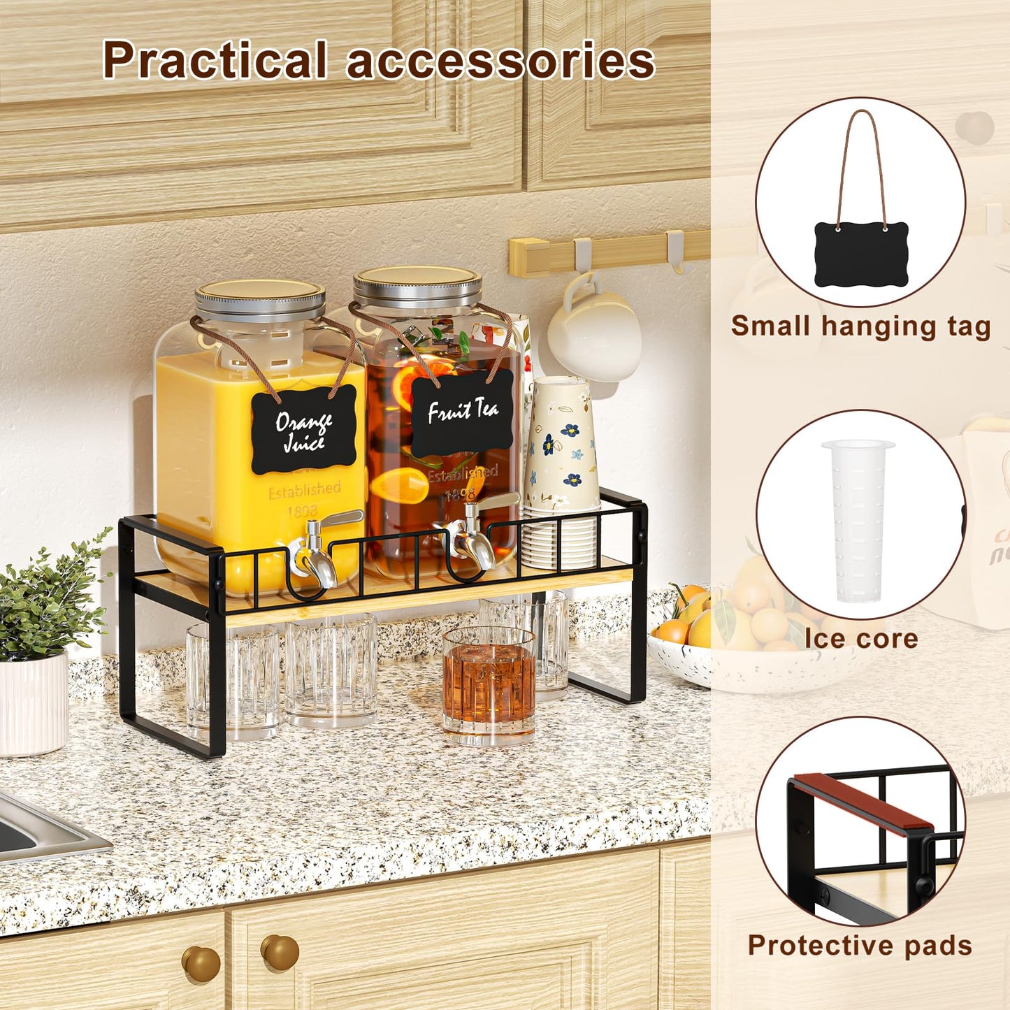 Zuyachuza 2-pack 1 Gallon Drink Dispenser,Glass Beverage Dispenser with Spigot,Lemonade dispenser Bamboo Stand for Outside, Glass Drink Dispensers for Parties with Ice Core