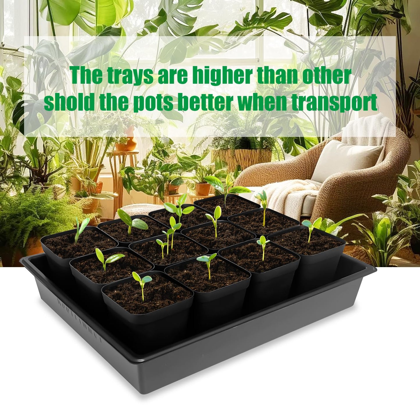 RooTrimmer 4 inch (10CM) Square Nursery Pots 60pcs, Sturdy Seedlings Trays 5 Pcs, Seeds Starter Germination Tray, Microgreening Planter Nursery Propagation 5 Sets