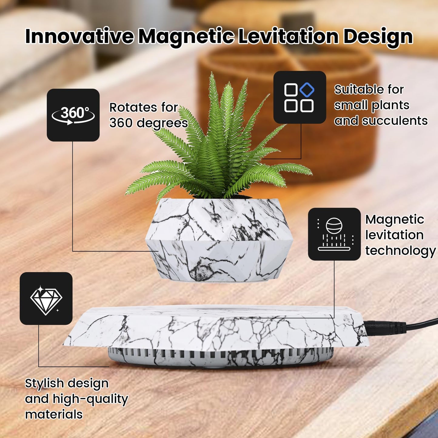 Leekimid Levitating Plant Pot, Magnetic Levitation Flower Pot Suspension Floating Plant Succulents, Air Bonsai Potted Plant for Home Decoration, Living Room, Office, Desk (Marble)