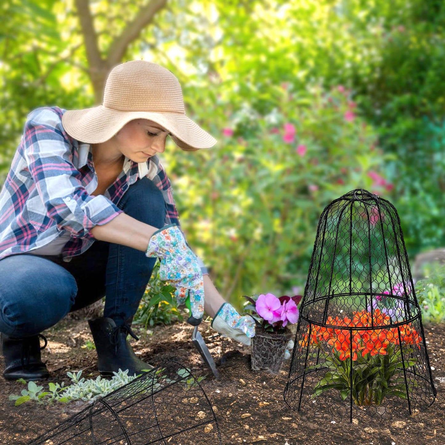 Cloche Plant Protectors from Animals - 17.3"Hx11.8"D Chicken Wire Plant Covers with Removable Flip-Top Design, Rustproof Metal Garden Cloches Keep Rabbits, Squirrels, Deers, Birds Out - 5 Pack