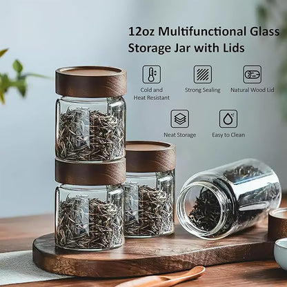 26 oz/850 ml Clear Glass Storage Canister with Airtight Wooden Lid, Small Overnight Oats Containers, Cute Decorative Salad Jar for Snacks Yogurt Spice Sugar Cereal Fruit Coffee Tea -4 Pack