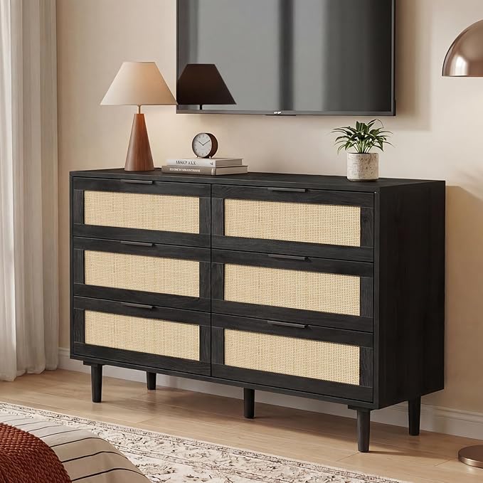 FUQARHY 6 Drawer Dresser Rattan Dresser Modern Chest