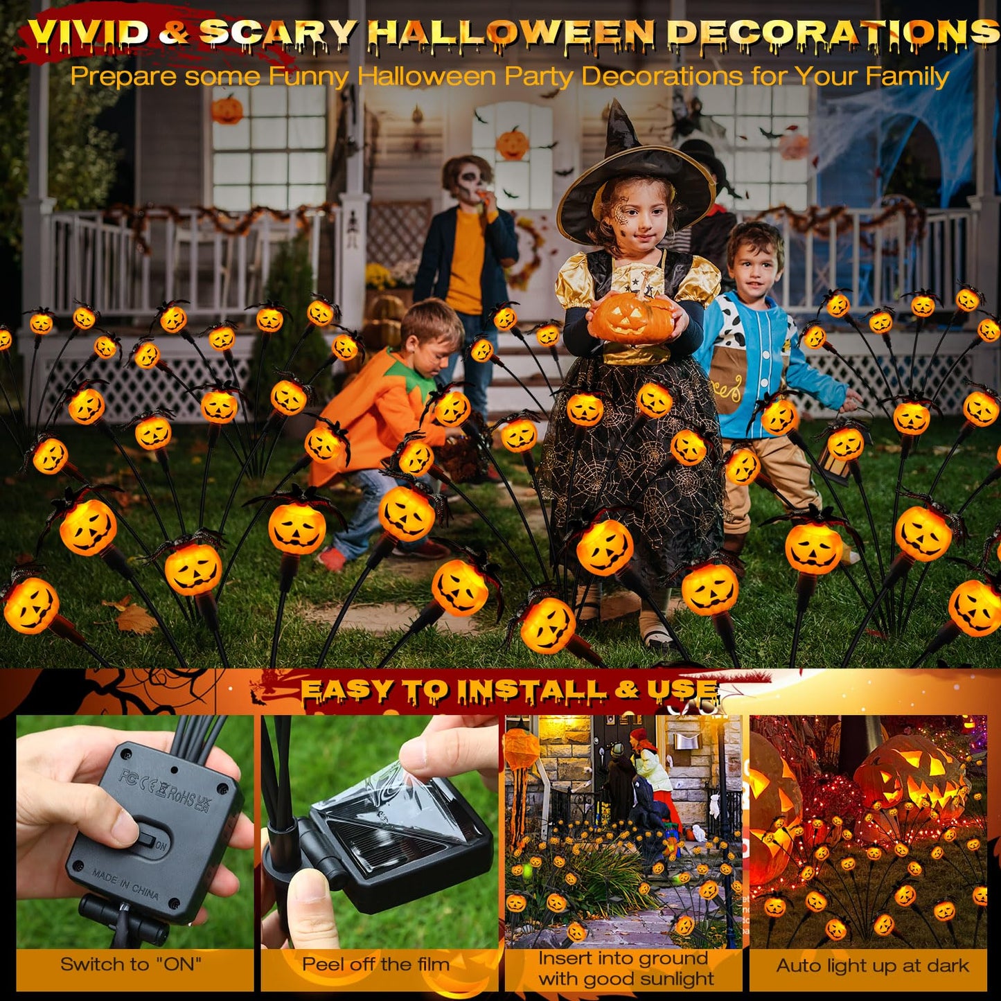 Weepong Halloween Decorations Outdoor 2 Pack Solar Lights, 12 LED Scary Pumpkin Swaying Firefly Lights with Spider & Bats for Outside Garden Yard Lawn Grave Cemetery Ghost Decor Party, Orange