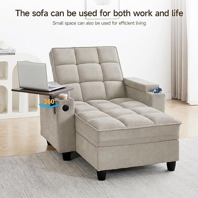 Oversized Recliner Chair with Swivel Tray Table, Modern Tufted Linen Fabric