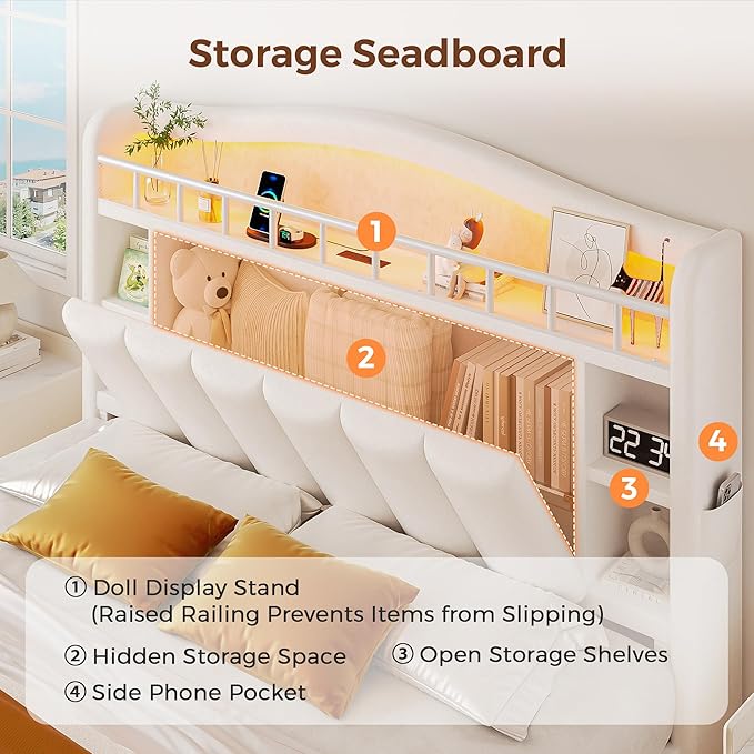Full Size Bed Frame with LED Storage Headboard & 2 Storage Drawers, Velvet