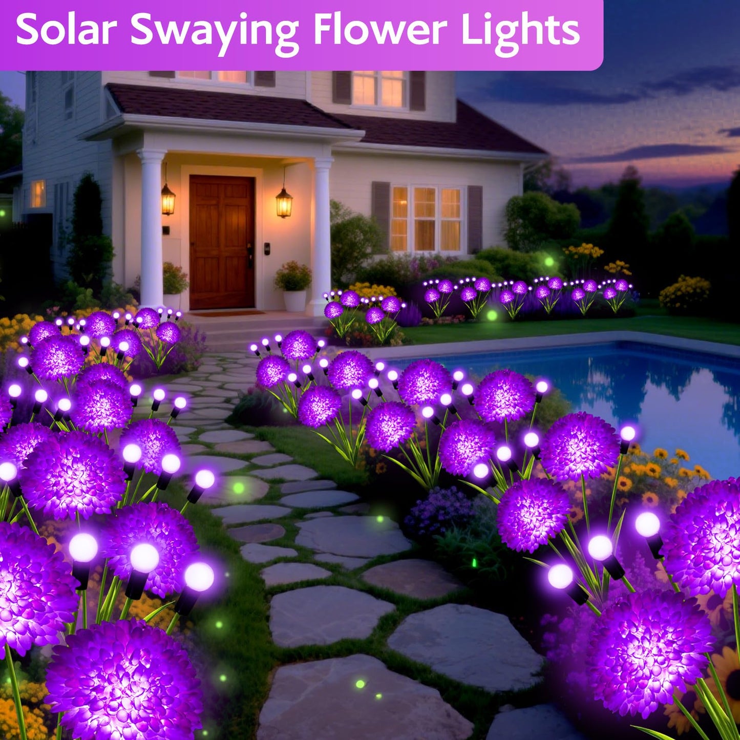 Solar Garden Lights, 4 Pack Solar Purple Swaying Firefly Lights with Flowers, Waterproof Purple Halloween Flowers Light Outdoor for Garden Patio Yard Fall Decoration, Gifts for Women Mother's Day