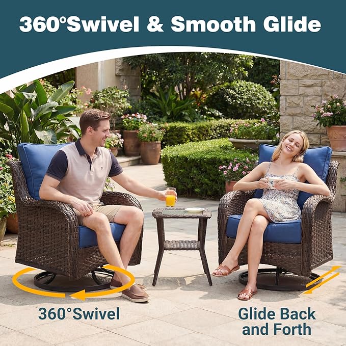 Patio Furniture Set, High Back Rattan Sofa & Swivel Rocker Chairs, Weather