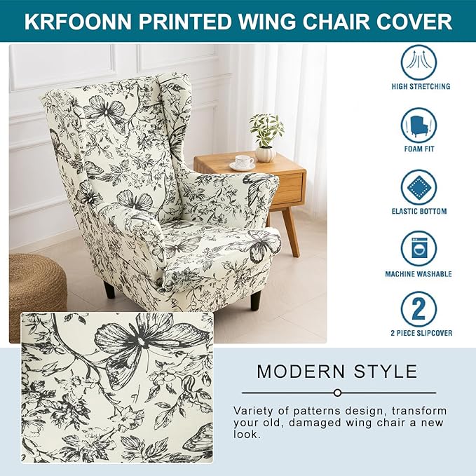 KRFOONN Velvet Wing Chair Slipcovers 2 Piece Stretch Printed Wingback Chair